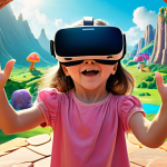 A young child, around 6-8 years old, with wide-eyed wonder and a joyous expression, wearing a sleek VR headset. Their small hands are slightly raised, reaching out as if interacting with the immersive virtual world. The vibrant, friendly characters Sophie and Ruby are playfully visible around them, surrounded by a magical, colorful landscape filled with whimsical elements, suggesting a profound sense of awe and discovery in a new dimension of entertainment. Focus on the child's amazed face and the light reflecting in their eyes from the VR experience.