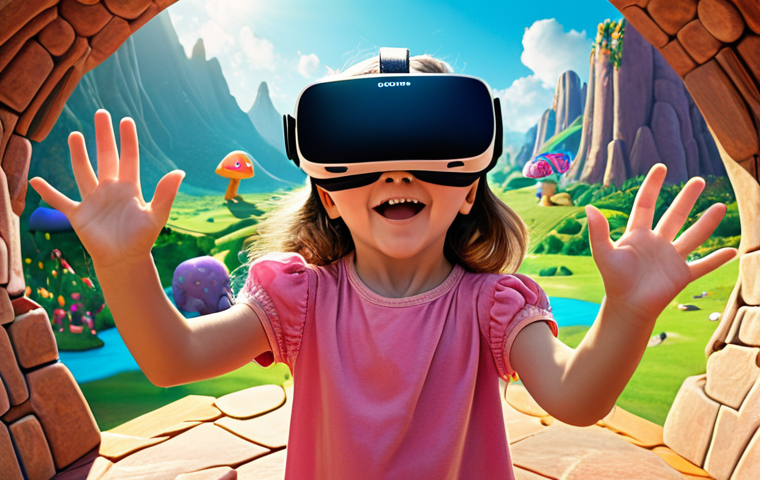 A young child, around 6-8 years old, with wide-eyed wonder and a joyous expression, wearing a sleek VR headset. Their small hands are slightly raised, reaching out as if interacting with the immersive virtual world. The vibrant, friendly characters Sophie and Ruby are playfully visible around them, surrounded by a magical, colorful landscape filled with whimsical elements, suggesting a profound sense of awe and discovery in a new dimension of entertainment. Focus on the child's amazed face and the light reflecting in their eyes from the VR experience.