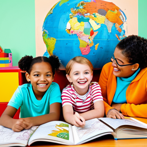 Home 14 A group of cheerful children (3-4 kids, mixed genders) in a brightly lit, imaginative learning space. They are fully clothed in modest, comfortable, and colorful child-appropriate attire. The environment features whimsical educational elements like oversized storybooks, playful building blocks, and a colorful, interactive globe. The children are actively engaged in collaborative learning, perhaps pointing at something on a large, illustrated map or sharing a book, with natural, curious, and teamwork-oriented poses. Professional photography, vibrant colors, soft focus background, perfect anatomy, correct proportions, well-formed hands, proper finger count, natural body proportions. safe for work, appropriate content, fully clothed, family-friendly.