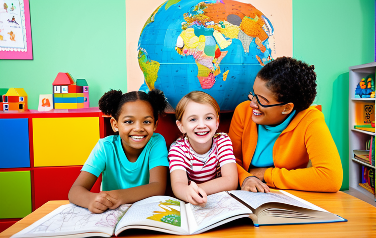 A group of cheerful children (3-4 kids, mixed genders) in a brightly lit, imaginative learning space. They are fully clothed in modest, comfortable, and colorful child-appropriate attire. The environment features whimsical educational elements like oversized storybooks, playful building blocks, and a colorful, interactive globe. The children are actively engaged in collaborative learning, perhaps pointing at something on a large, illustrated map or sharing a book, with natural, curious, and teamwork-oriented poses. Professional photography, vibrant colors, soft focus background, perfect anatomy, correct proportions, well-formed hands, proper finger count, natural body proportions. safe for work, appropriate content, fully clothed, family-friendly.