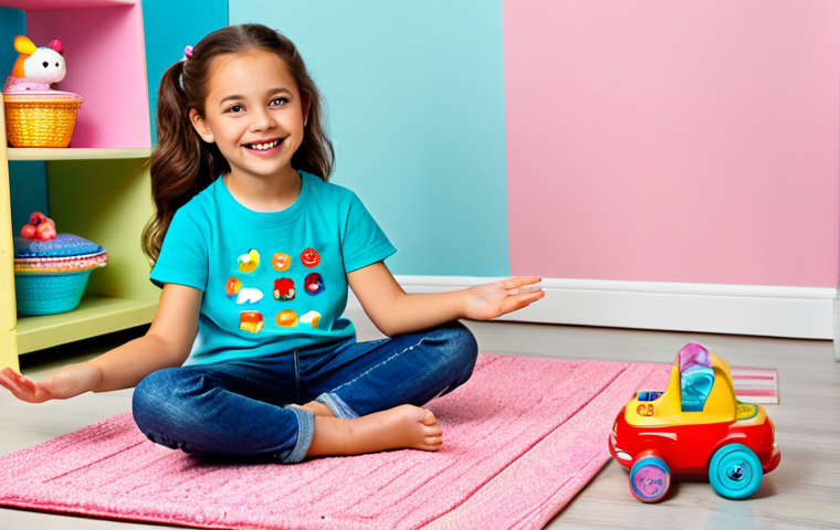 A joyful young girl, aged 7, fully clothed in a comfortable, family-friendly outfit of a colorful t-shirt and jeans, sitting on a soft, plush rug. She is gently interacting with a collection of two Sophie Ruby dolls and a miniature Sophie Ruby tea party playset, looking at them with a warm, imaginative expression. The setting is a brightly lit, cheerful children's playroom with pastel walls, featuring a neatly organized toy shelf in the background. Perfect anatomy, correct proportions, natural pose, well-formed hands, proper finger count, natural body proportions. Professional studio photography, high resolution, soft diffused lighting, vibrant colors, clean focus. safe for work, appropriate content, fully clothed, family-friendly, modest clothing, appropriate attire.