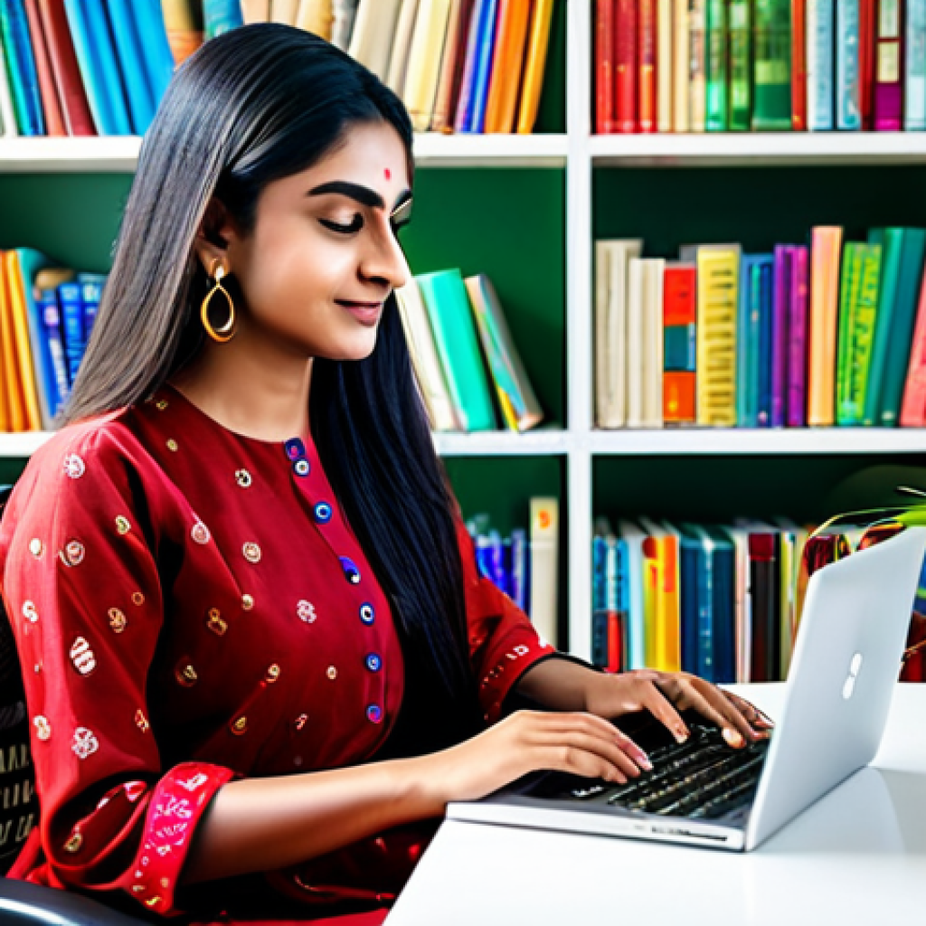 **

A professional woman in a traditional Indian salwar kameez, fully clothed, working on a laptop in a modern, sunlit office. The background features a bookshelf with colorful books and a green plant. Perfect anatomy, correct proportions, natural pose. Safe for work, appropriate content, fully clothed, professional, family-friendly.

**