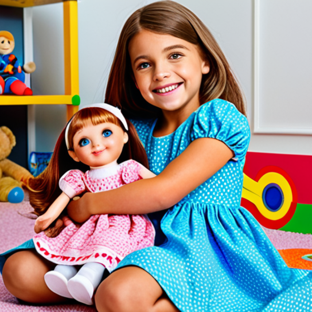A Child's Joy**

"A young girl (age 6-8) with bright, smiling eyes, hugging a Sophie Ruby doll. The doll is fully visible and appears well-made. The girl is in a brightly lit playroom, surrounded by other toys. She is wearing a modest, colorful dress. Safe for work, appropriate content, fully clothed, family-friendly. Perfect anatomy, correct proportions, natural pose, professional."

**