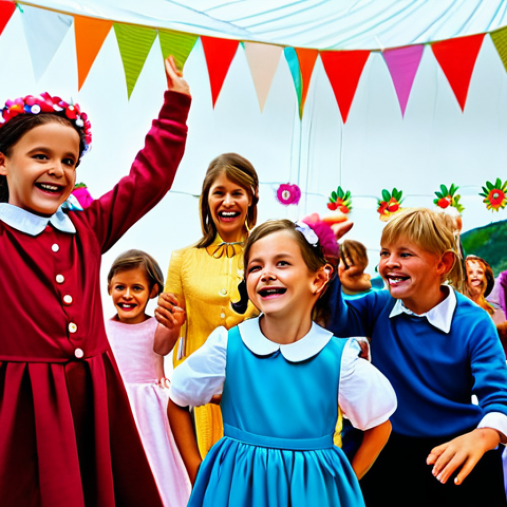 A group of fully clothed children joyfully dancing with a costumed Sophie Ruby character at a "Sophie Ruby Event," surrounded by colorful decorations and smiling parents, appropriate attire, safe for work, family-friendly, perfect anatomy, natural proportions, well-formed hands, proper finger count, high quality.