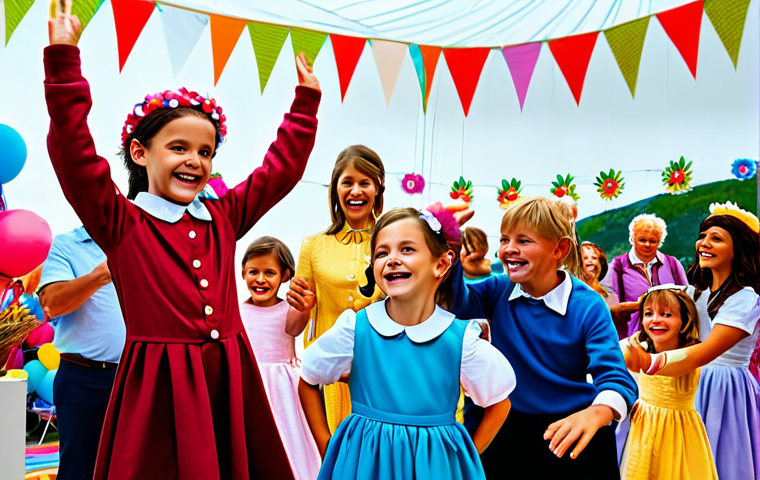 A group of fully clothed children joyfully dancing with a costumed Sophie Ruby character at a "Sophie Ruby Event," surrounded by colorful decorations and smiling parents, appropriate attire, safe for work, family-friendly, perfect anatomy, natural proportions, well-formed hands, proper finger count, high quality.