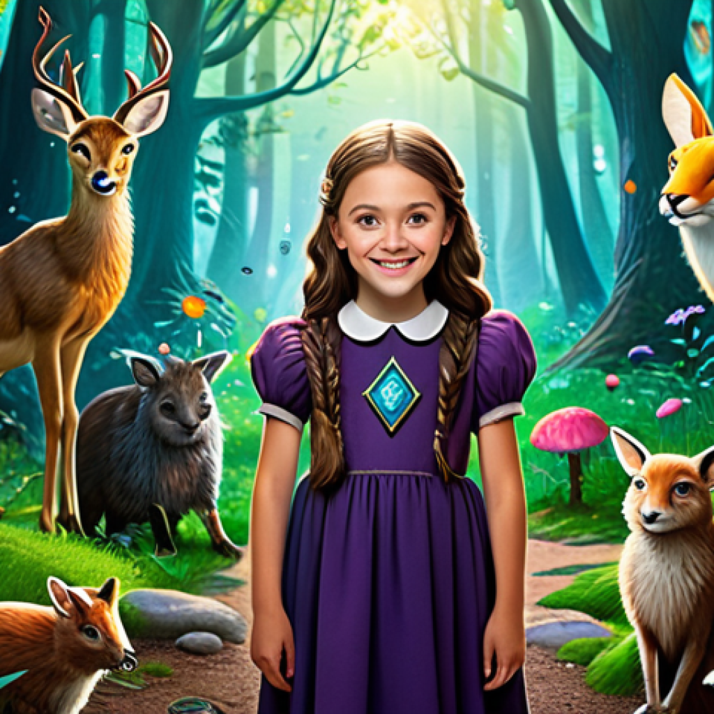 **

"A young girl with bright eyes and a confident smile, wearing modest clothing with a magical emblem, standing in a vibrant, whimsical forest, surrounded by friendly animals. Safe for work, appropriate content, fully clothed, perfect anatomy, natural proportions, family-friendly illustration."

**