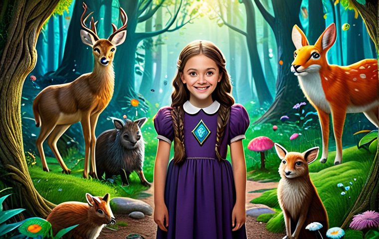**

"A young girl with bright eyes and a confident smile, wearing modest clothing with a magical emblem, standing in a vibrant, whimsical forest, surrounded by friendly animals. Safe for work, appropriate content, fully clothed, perfect anatomy, natural proportions, family-friendly illustration."

**