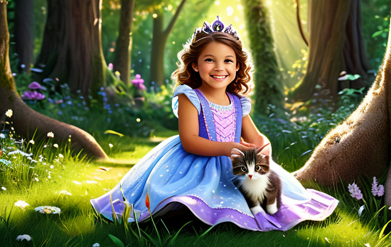 소피루비 관련 모바일 게임 - A cheerful young girl, fully clothed in a colorful princess dress, smiles while playing with a cute ...