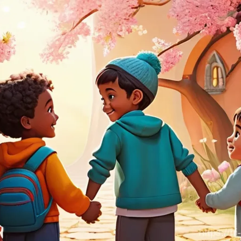 소피루비의 다국적 팬 층 - **Prompt:** A diverse group of joyful children, aged 6-10, gather around Sophie Ruby, who is depicte...