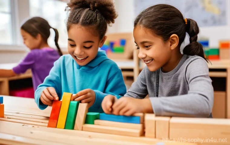 소피루비 속 인생 교훈 - **Prompt:** A group of diverse children, around 8-10 years old, happily engaged in a collaborative p...