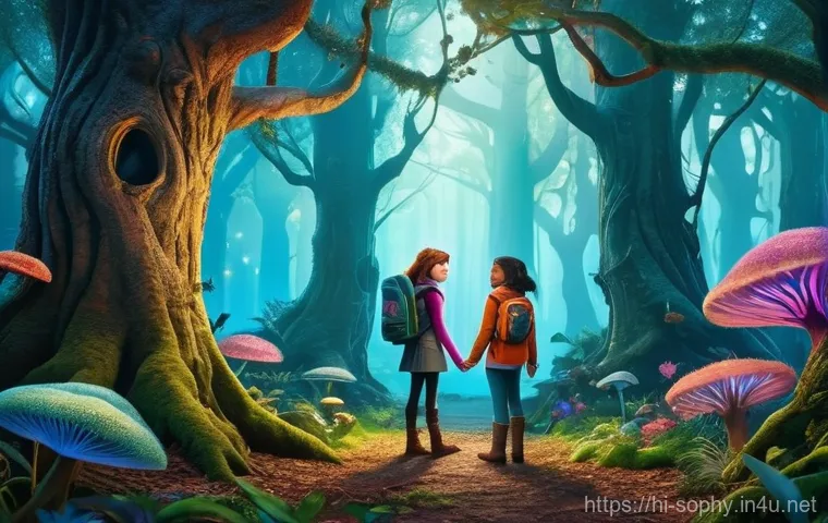 소피루비 팬 픽션 작품 - **Prompt:** A vibrant, fantastical scene featuring Sophie and Ruby, both appearing to be teenagers, ...