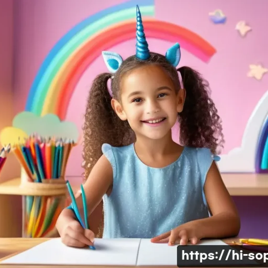 소피루비 마법 아이템 분석 - A young, imaginative girl, about 8 years old, with sparkling eyes and a joyful expression, is seated...