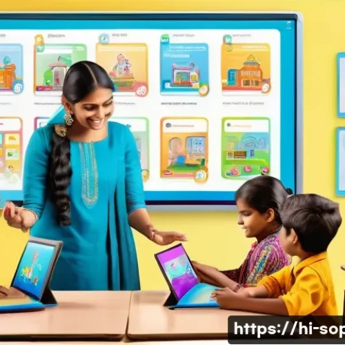 소피루비 어린이 교육 활용 - A bright and cheerful classroom setting with Indian children aged around 7-10 years sitting at desks...