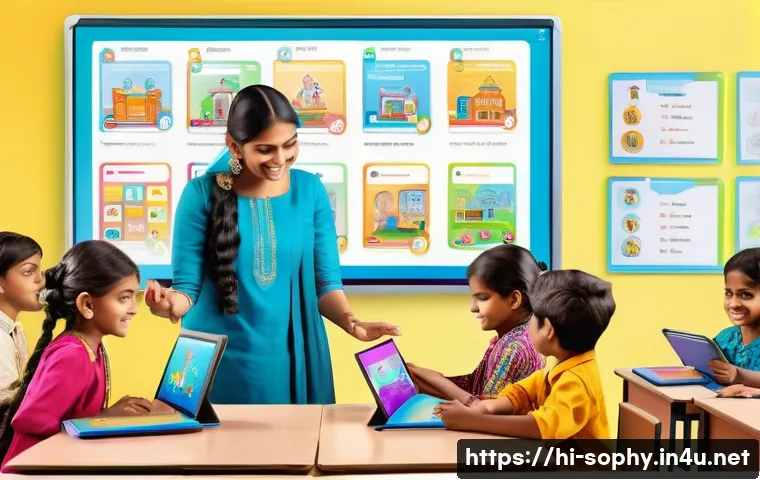 소피루비 어린이 교육 활용 - A bright and cheerful classroom setting with Indian children aged around 7-10 years sitting at desks...