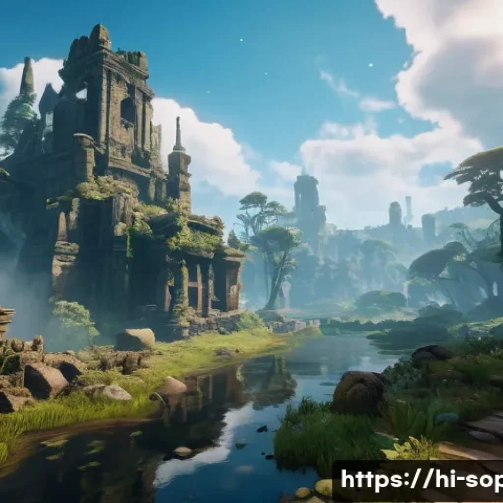 소피루비 관련 게임 출시 - A highly immersive video game scene showcasing a lush, detailed fantasy world with realistic high-de...
