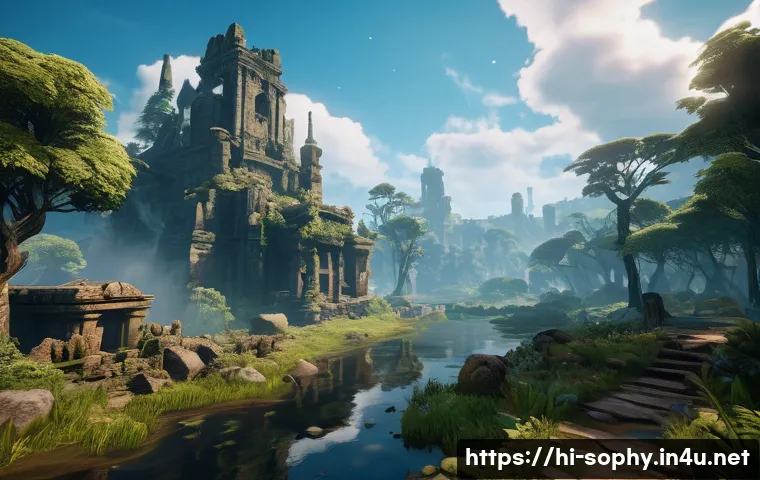 소피루비 관련 게임 출시 - A highly immersive video game scene showcasing a lush, detailed fantasy world with realistic high-de...