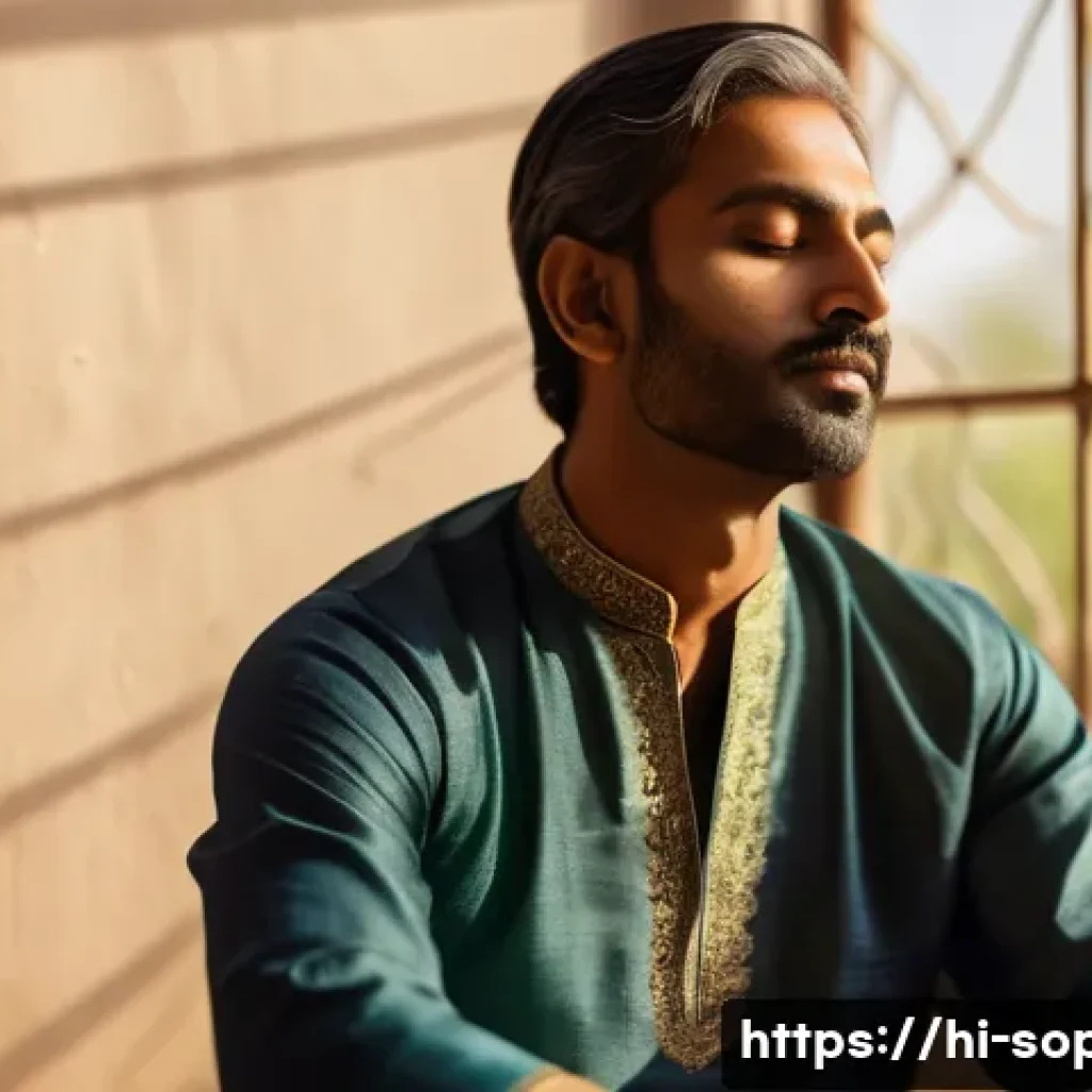 소피루비 이야기의 도덕적 요소 - A serene and thoughtful Indian man in traditional kurta sitting peacefully in a sunlit room, eyes cl...