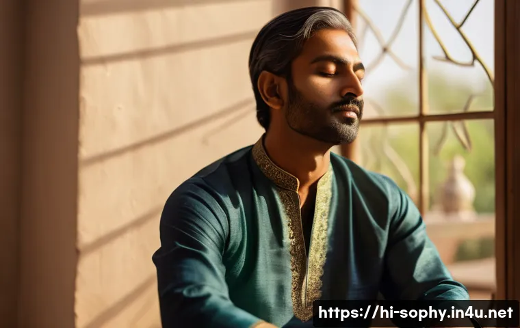 소피루비 이야기의 도덕적 요소 - A serene and thoughtful Indian man in traditional kurta sitting peacefully in a sunlit room, eyes cl...