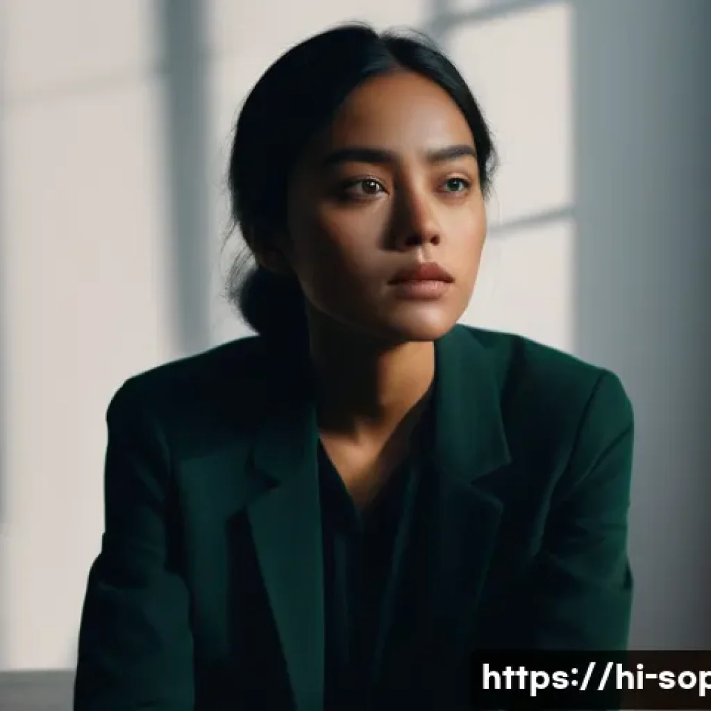 소피루비 주요 연출 기법 - A cinematic scene featuring a complex female character portrayed with deep emotional subtlety, weari...