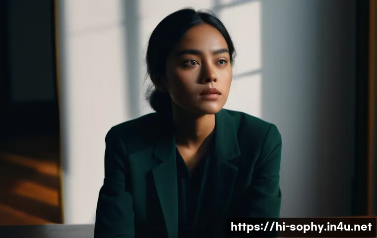 소피루비 주요 연출 기법 - A cinematic scene featuring a complex female character portrayed with deep emotional subtlety, weari...