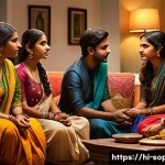 소피루비 주제의식 - A vivid and emotional scene depicting a diverse group of Indian characters engaged in a deep convers...