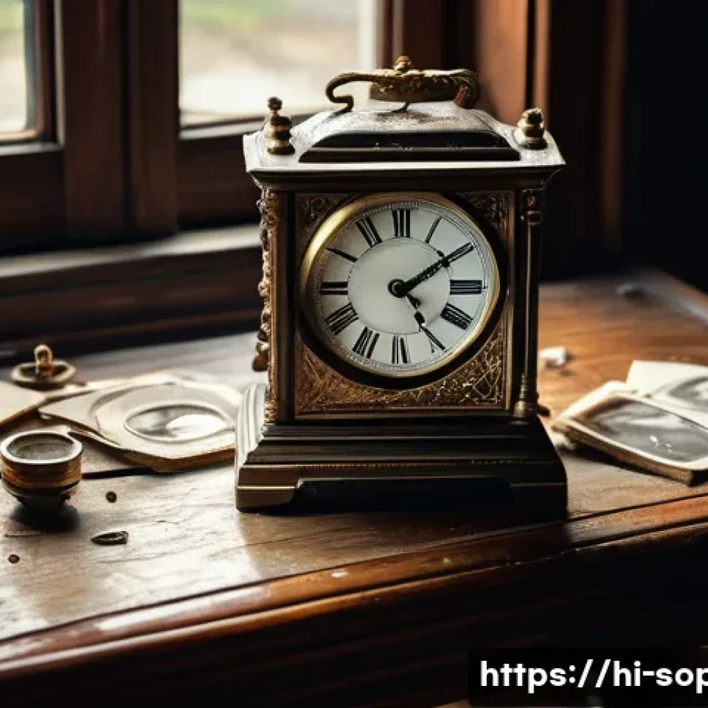 소피루비 속 주요 상징적 소재 - A richly detailed scene depicting a vintage old clock with ornate hands frozen at a specific time, s...