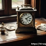 소피루비 속 주요 상징적 소재 - A richly detailed scene depicting a vintage old clock with ornate hands frozen at a specific time, s...