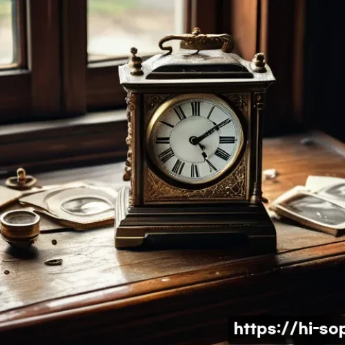 소피루비 속 주요 상징적 소재 - A richly detailed scene depicting a vintage old clock with ornate hands frozen at a specific time, s...