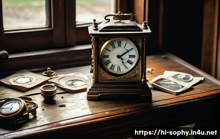 소피루비 속 주요 상징적 소재 - A richly detailed scene depicting a vintage old clock with ornate hands frozen at a specific time, s...