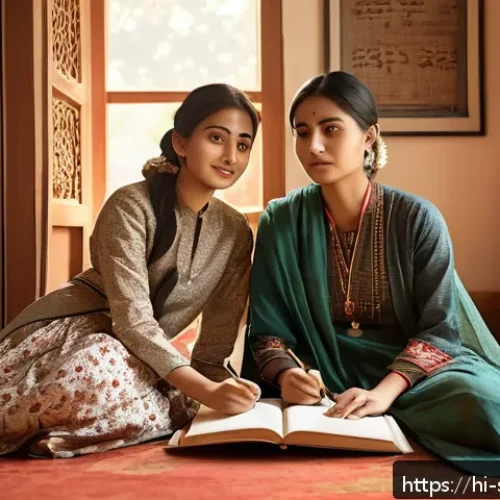 소피루비와 동화의 비교 - A vivid and emotionally rich scene depicting two female writers, Sophie Ruby and Donghwa, seated in ...