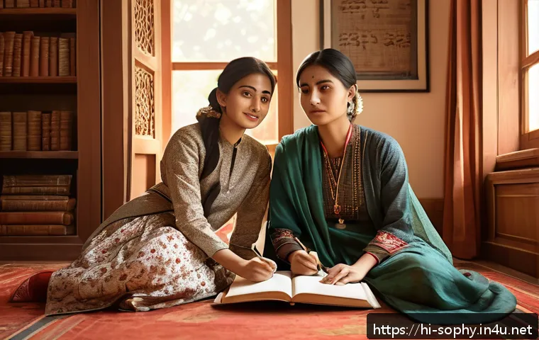 소피루비와 동화의 비교 - A vivid and emotionally rich scene depicting two female writers, Sophie Ruby and Donghwa, seated in ...