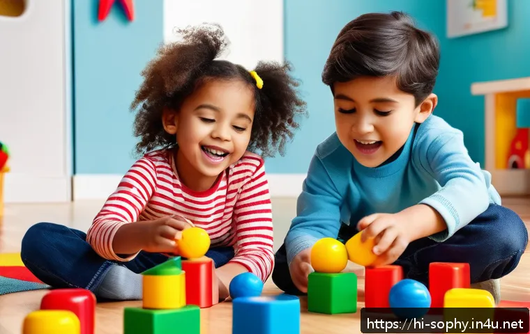 소피루비 장난감 광고 분석 - A vibrant and colorful toy advertisement scene featuring a diverse group of children playing joyfull...