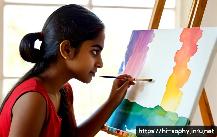소피루비의 아트워크 - Photorealistic Indian teenage girl in a bright art studio, carefully painting a colorful fantasy her...