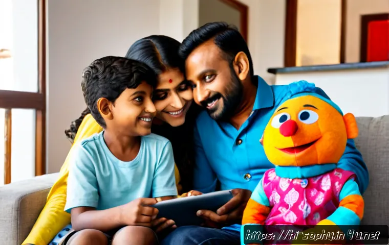 소피루비 어린이 방송 후원 - Photorealistic Indian family watching a cheerful children’s puppet program on a tablet in a bright l...