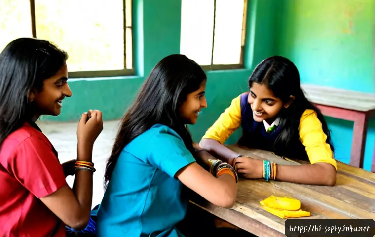 Home 15 소피루비 속 문화적 메시지 - Photorealistic scene of three Indian schoolgirls in modest colorful casual clothing collaborating ar...